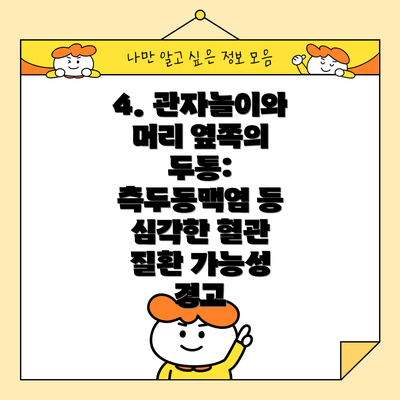 4. 관자놀이와 머리 옆쪽의 두통: 측두동맥염 등 심각한 혈관 질환 가능성 경고